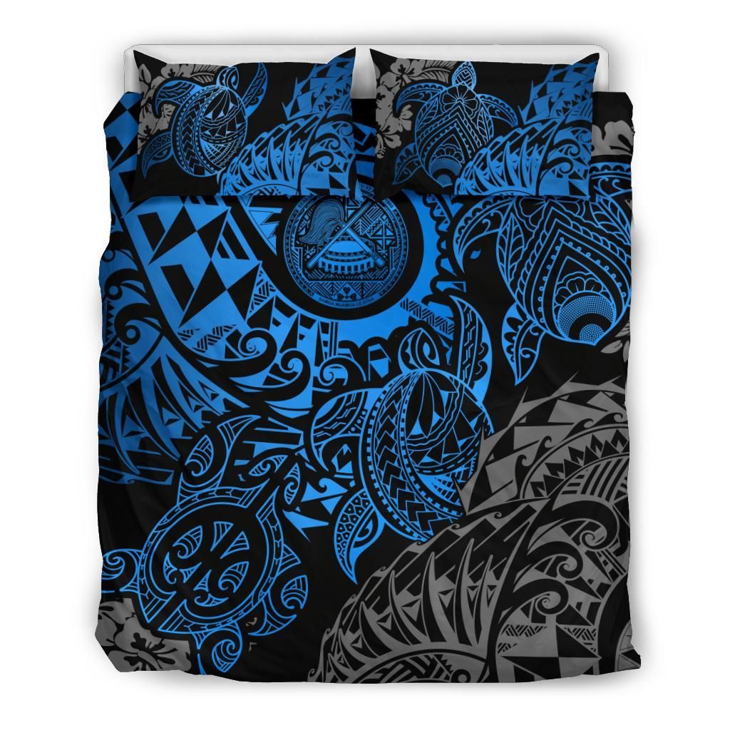 American Samoa Polynesian Duvet Cover Set - Blue Turtle Hibiscus Flowing