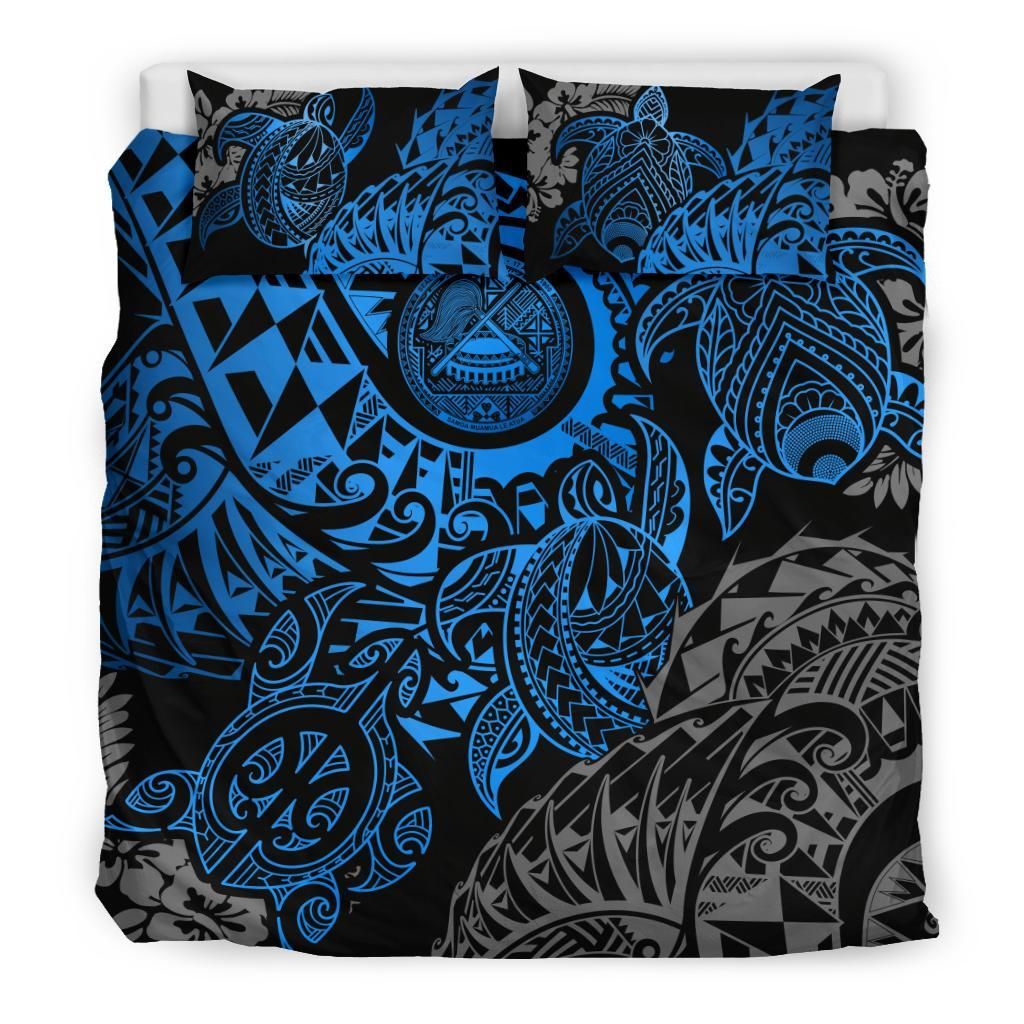 American Samoa Polynesian Duvet Cover Set - Blue Turtle Hibiscus Flowing