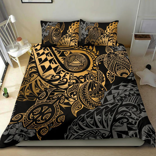 American Samoa Polynesian Duvet Cover Set - Gold Turtle Hibiscus Flowing