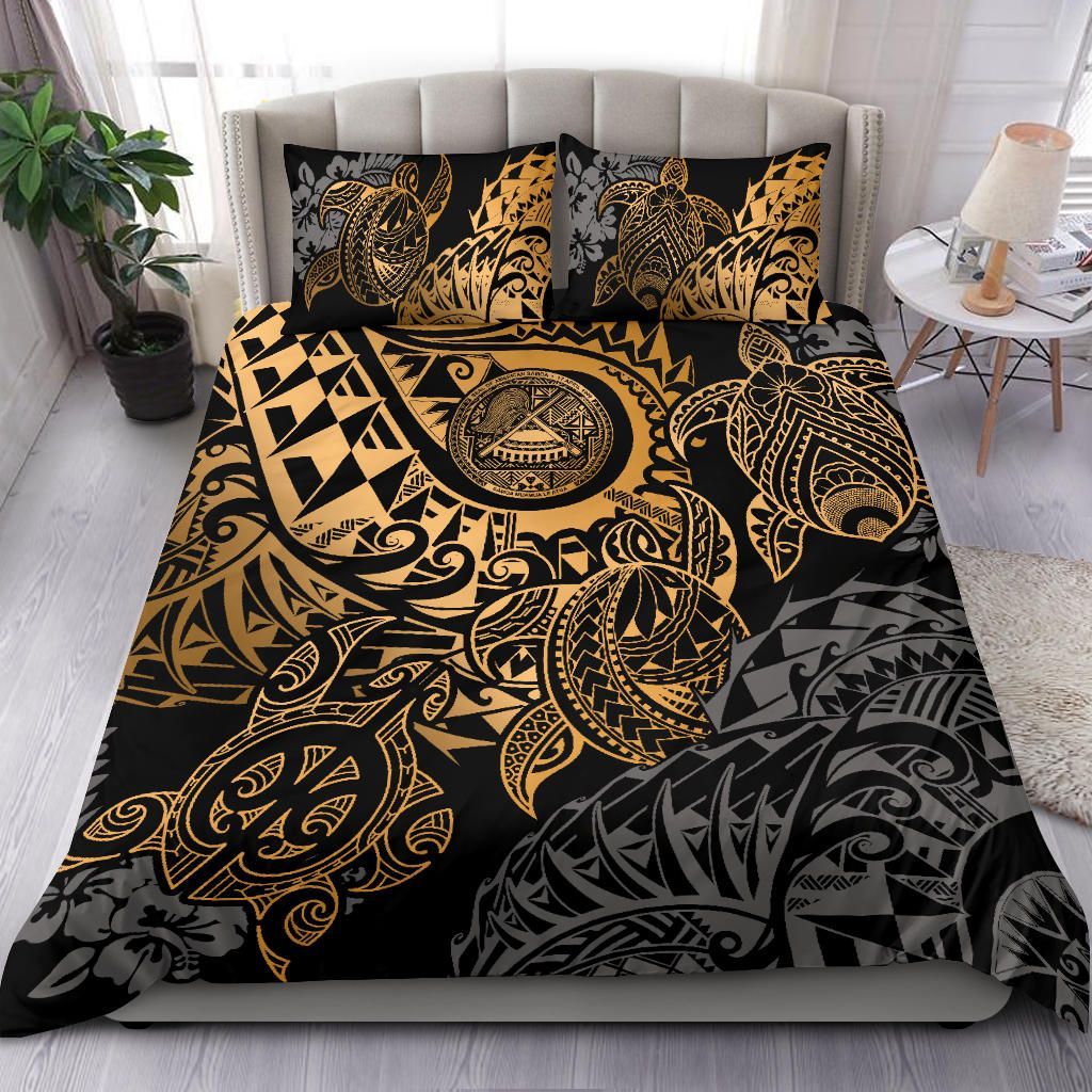American Samoa Polynesian Duvet Cover Set - Gold Turtle Hibiscus Flowing