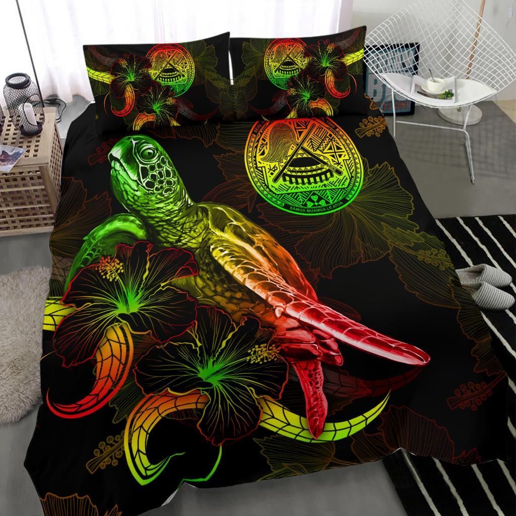 American Samoa Polynesian Bedding Set - Turtle With Blooming Hibiscus Reggae
