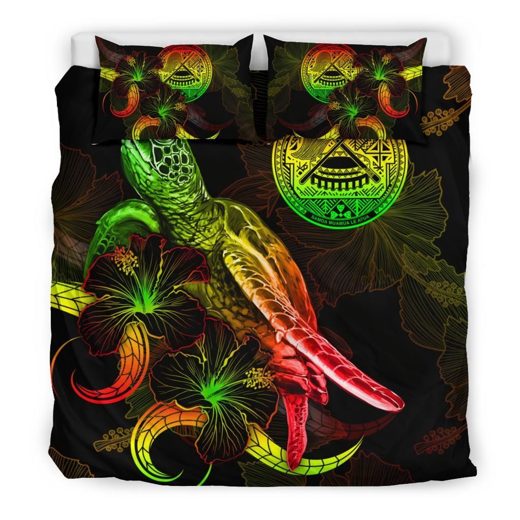 American Samoa Polynesian Bedding Set - Turtle With Blooming Hibiscus Reggae