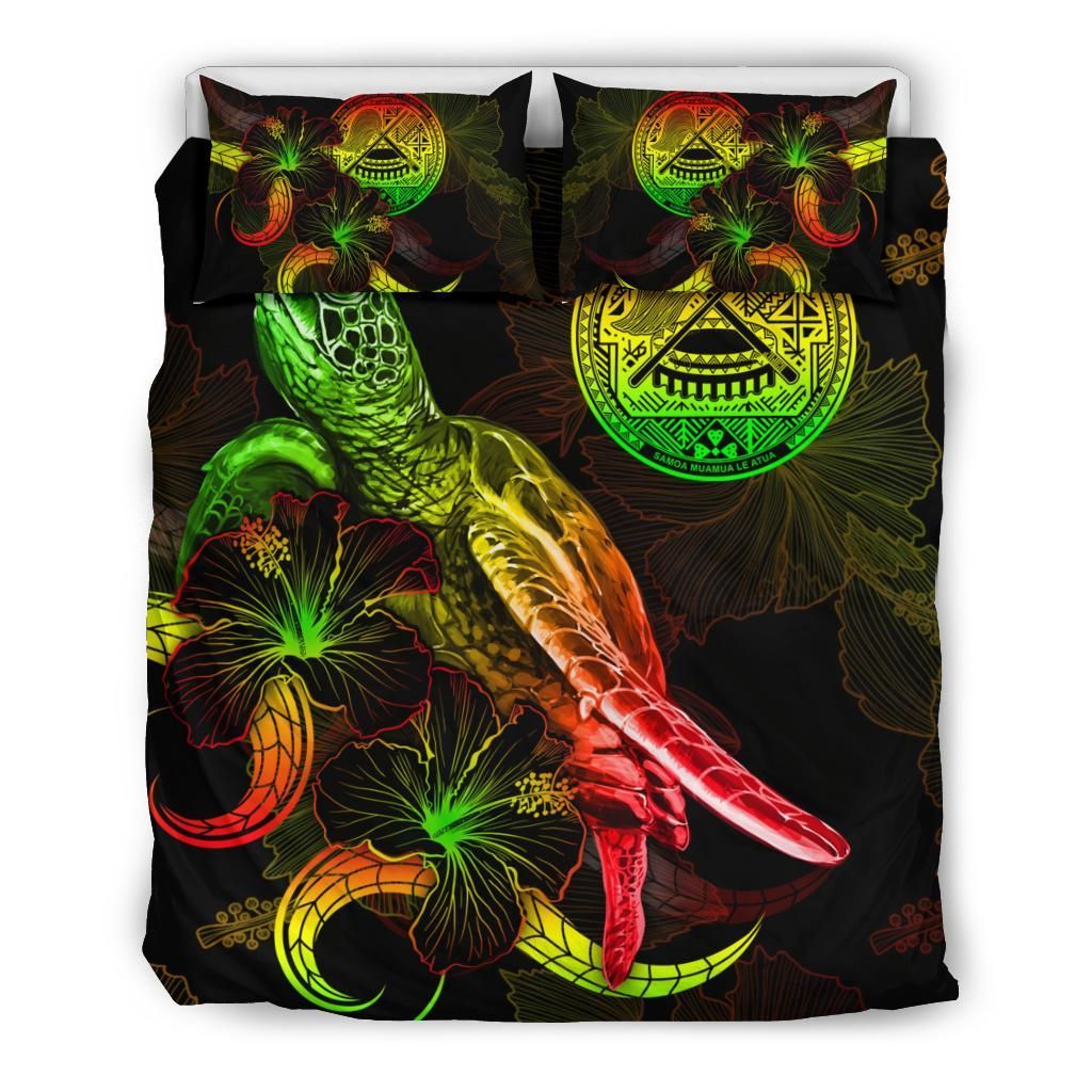 American Samoa Polynesian Bedding Set - Turtle With Blooming Hibiscus Reggae