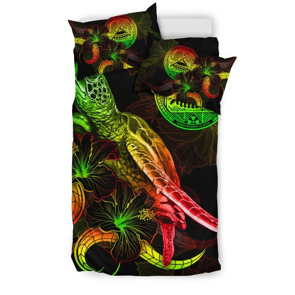 American Samoa Polynesian Bedding Set - Turtle With Blooming Hibiscus Reggae