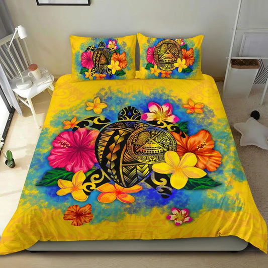 American Samoa Polynesian Bedding Set - Turtle With Plumeria And Hibiscus