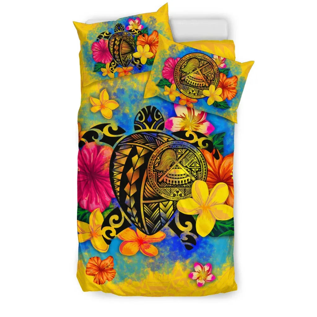 American Samoa Polynesian Bedding Set - Turtle With Plumeria And Hibiscus