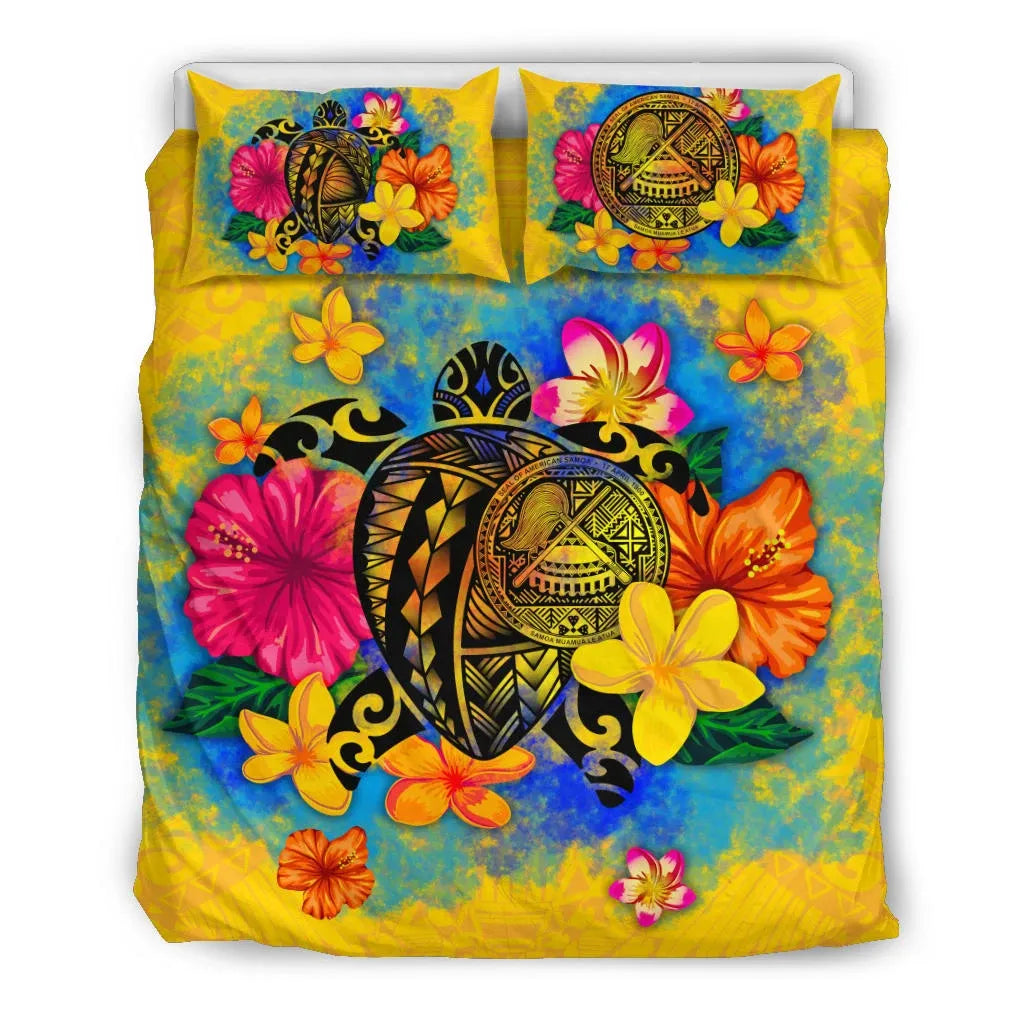American Samoa Polynesian Bedding Set - Turtle With Plumeria And Hibiscus