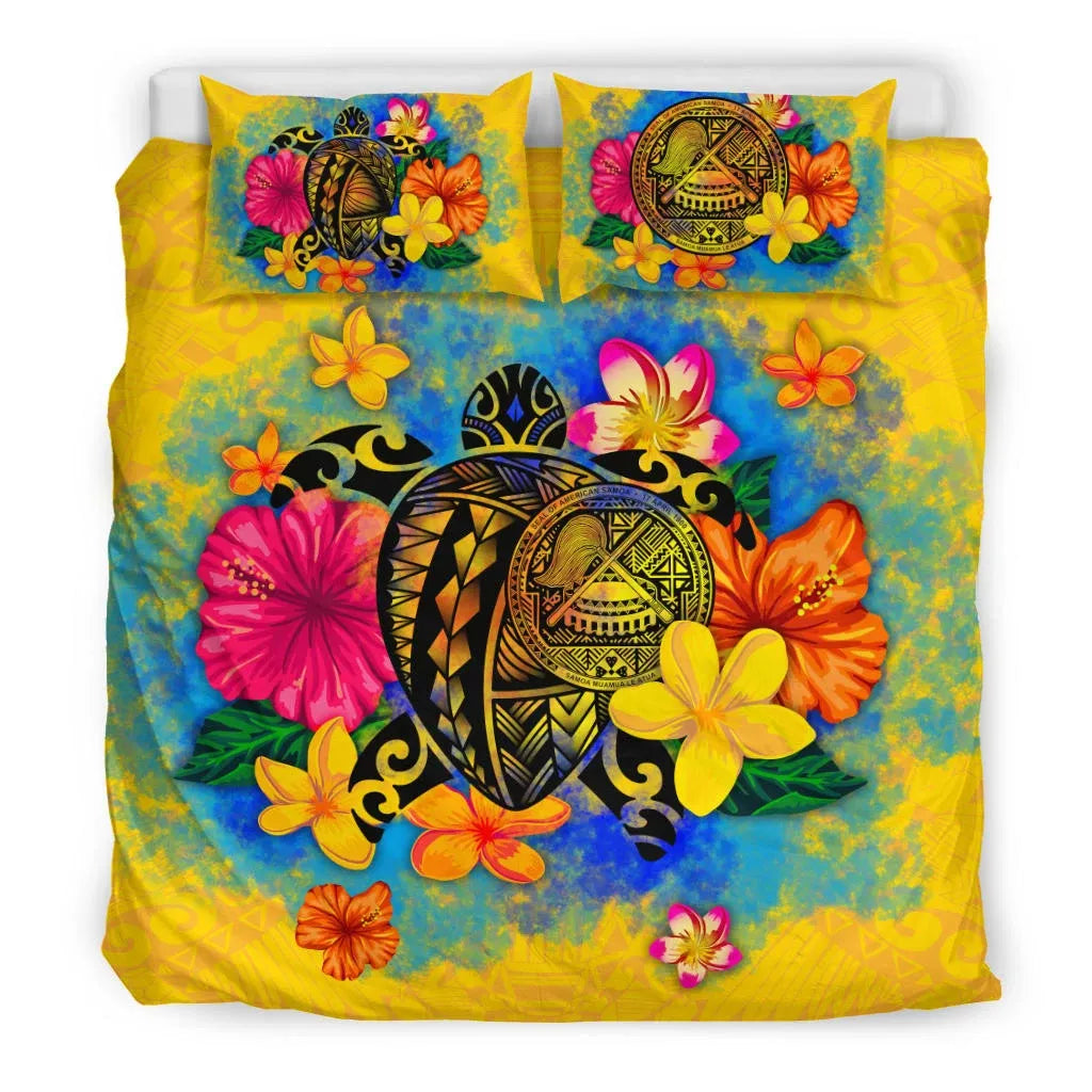 American Samoa Polynesian Bedding Set - Turtle With Plumeria And Hibiscus