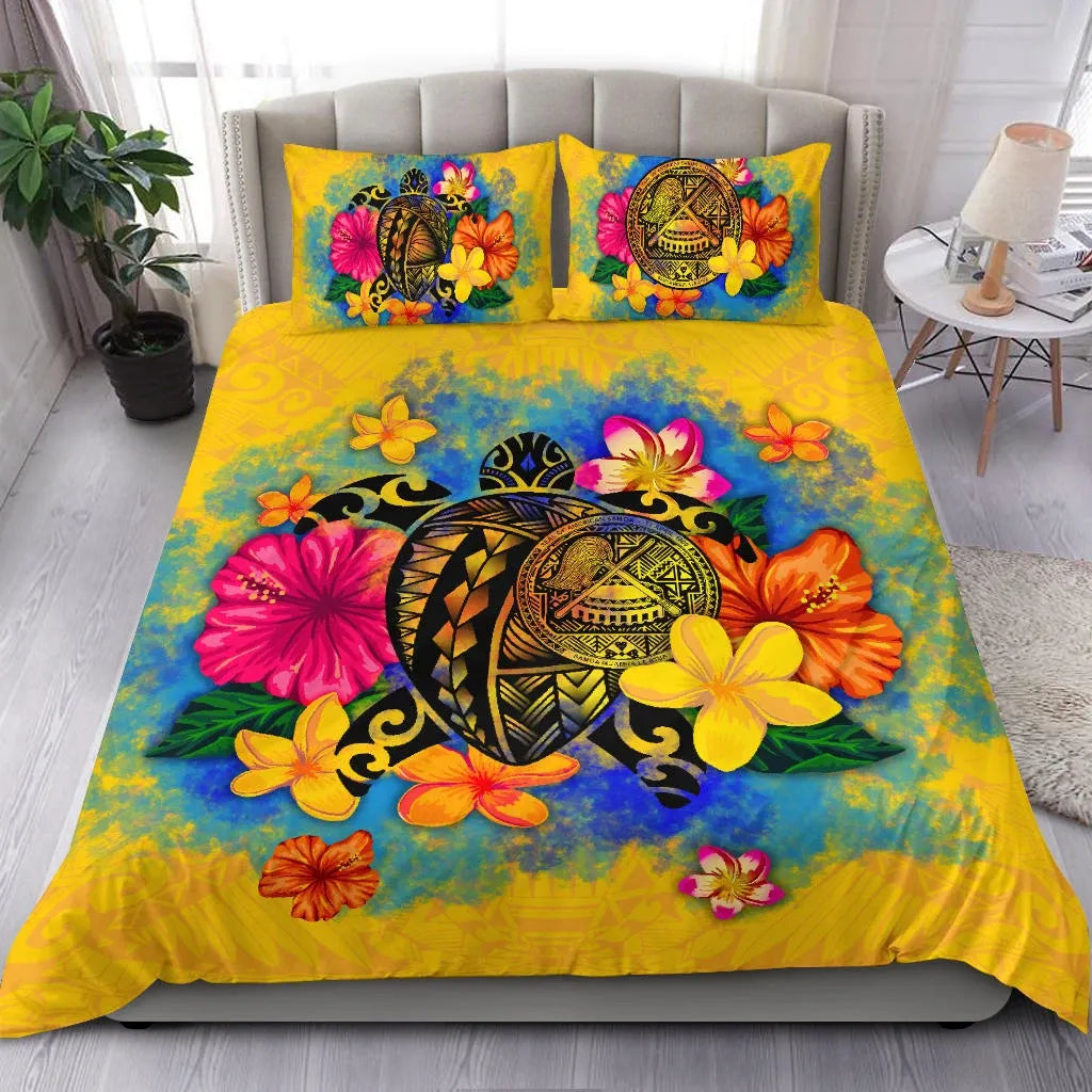 American Samoa Polynesian Bedding Set - Turtle With Plumeria And Hibiscus