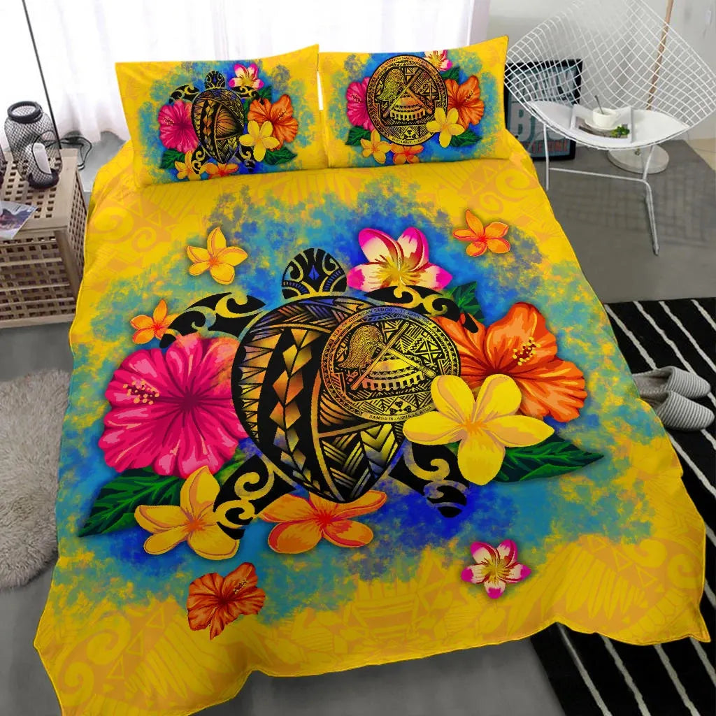 American Samoa Polynesian Bedding Set - Turtle With Plumeria And Hibiscus