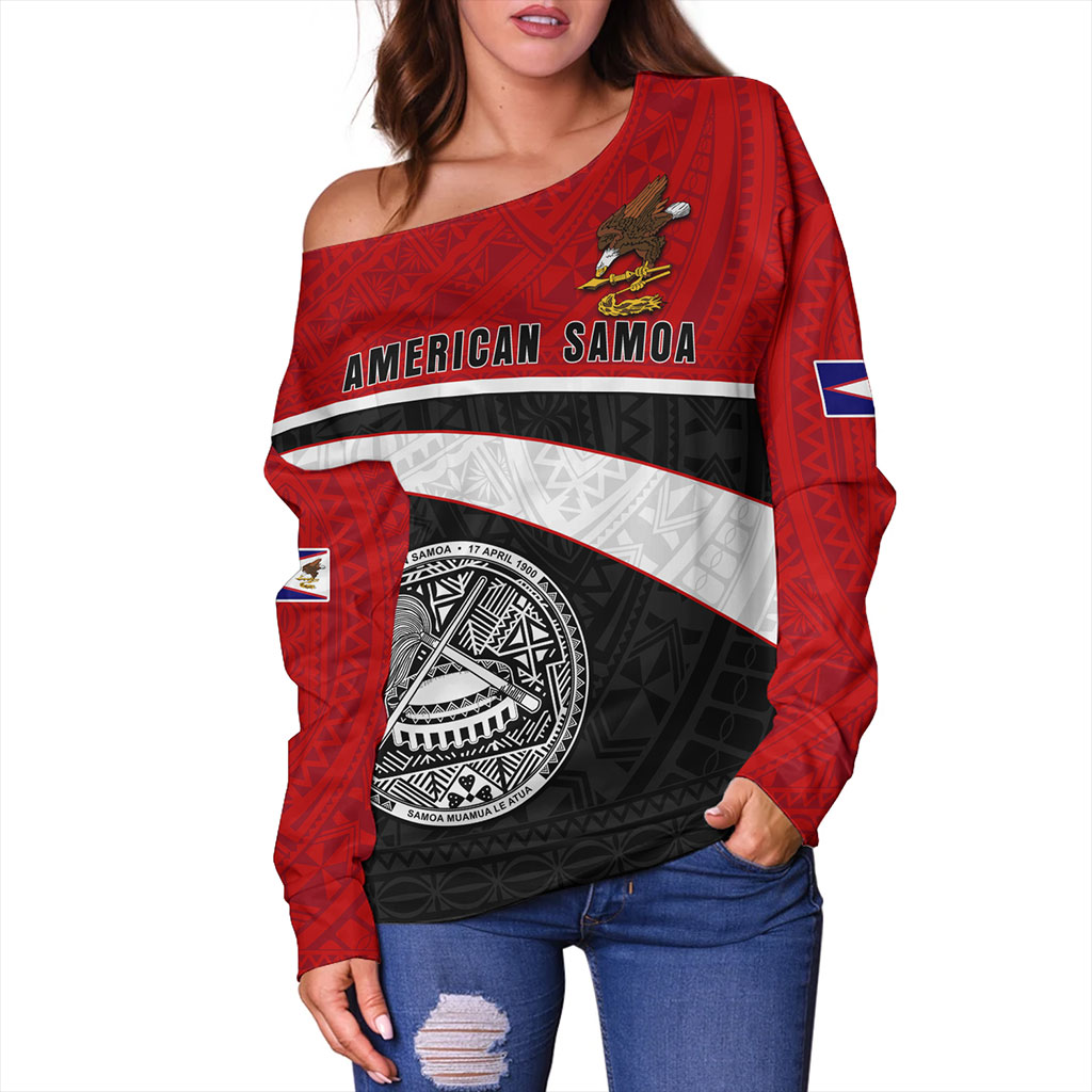 American Samoa Off Shoulder Sweatshirt Polynesian Curve Style