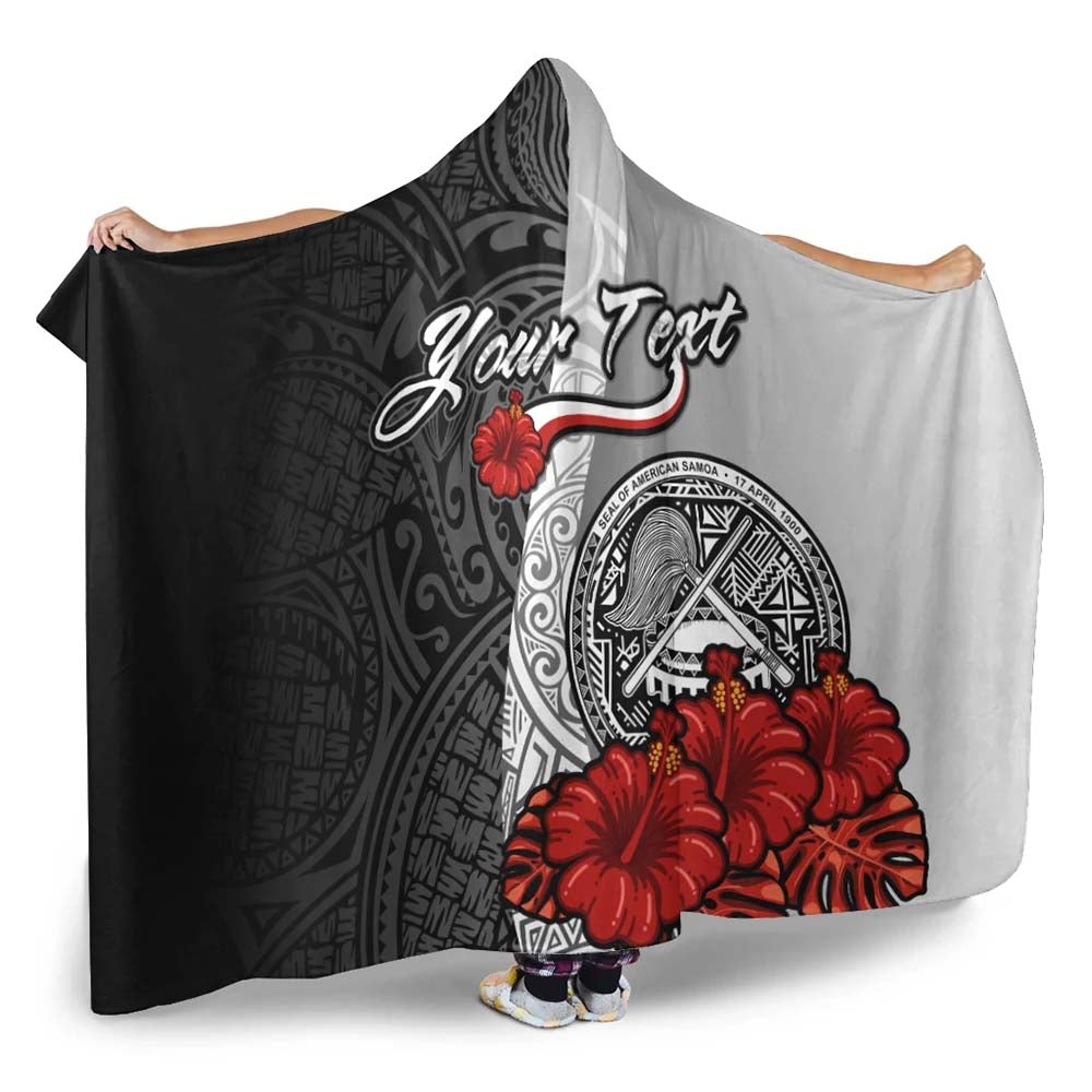 American Samoa Polynesian Custom Personalised Hooded Blanket- Coat Of Arm With Hibiscus White