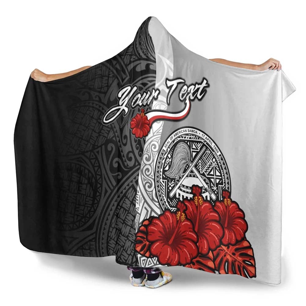 American Samoa Polynesian Custom Personalised Hooded Blanket- Coat Of Arm With Hibiscus White