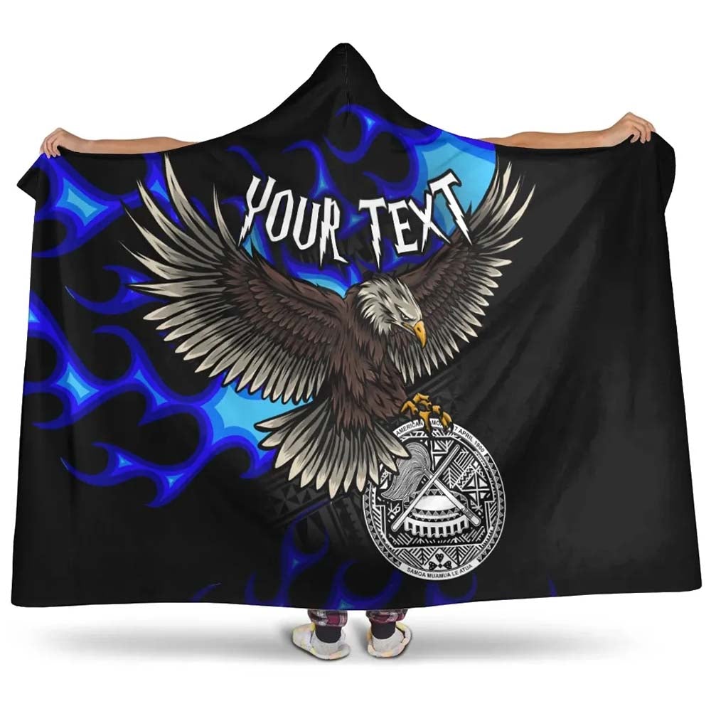 American Samoa Polynesian Custom Personalised Hooded Blanket - Eagle With Flame Blue