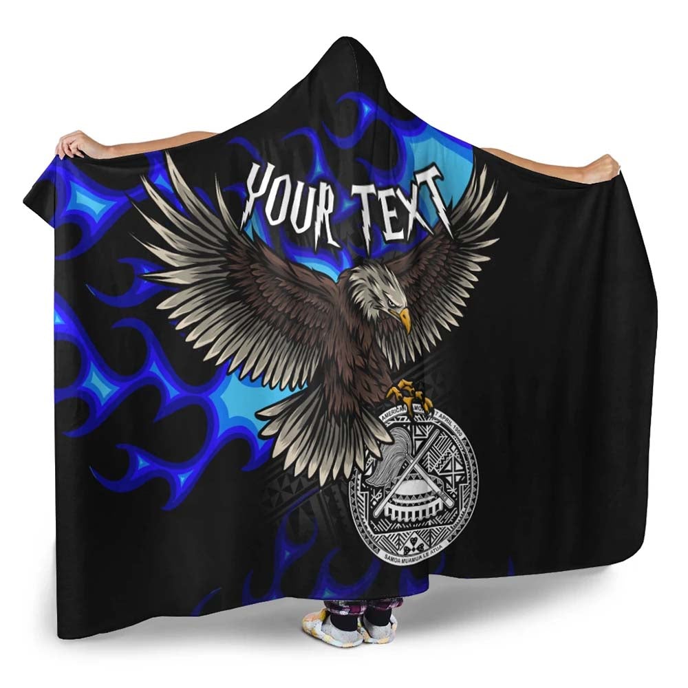 American Samoa Polynesian Custom Personalised Hooded Blanket - Eagle With Flame Blue