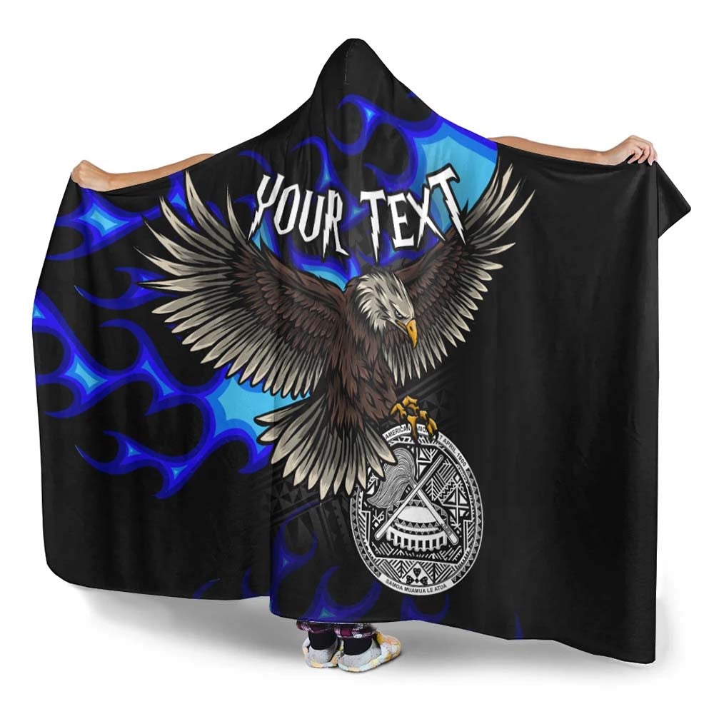 American Samoa Polynesian Custom Personalised Hooded Blanket - Eagle With Flame Blue