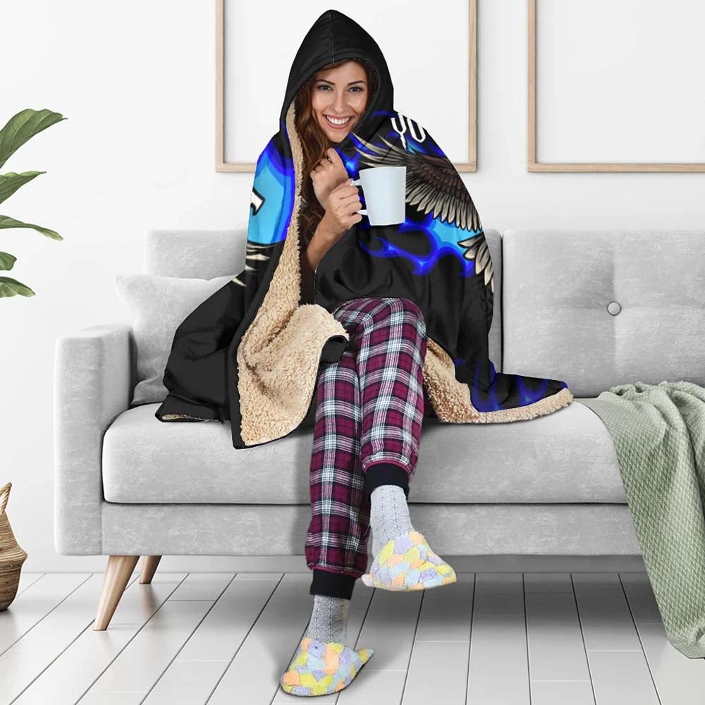 American Samoa Polynesian Custom Personalised Hooded Blanket - Eagle With Flame Blue