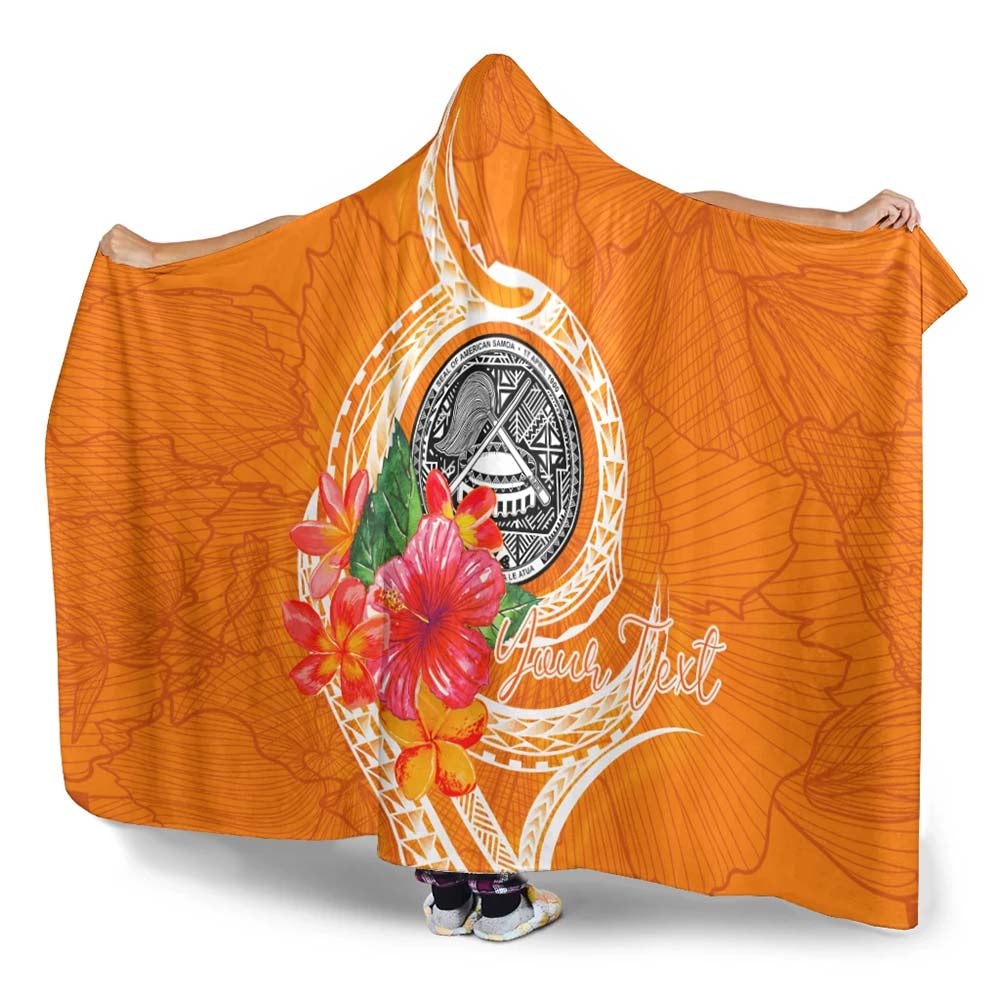American Samoa Polynesian Custom Personalised Hooded Blanket - Orange Floral With Seal