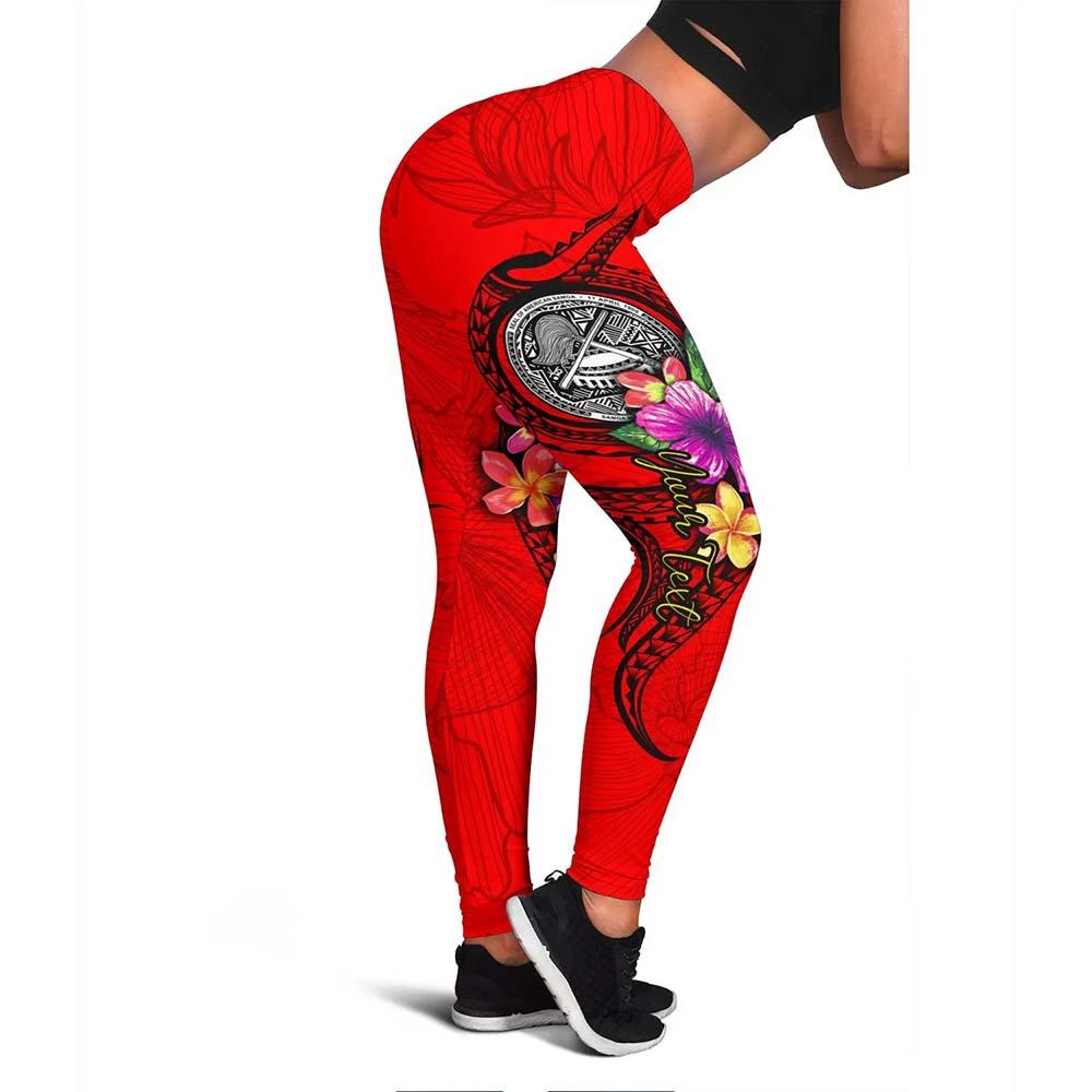 American Samoa Polynesian Custom Personalised Legging - Floral With Seal Red