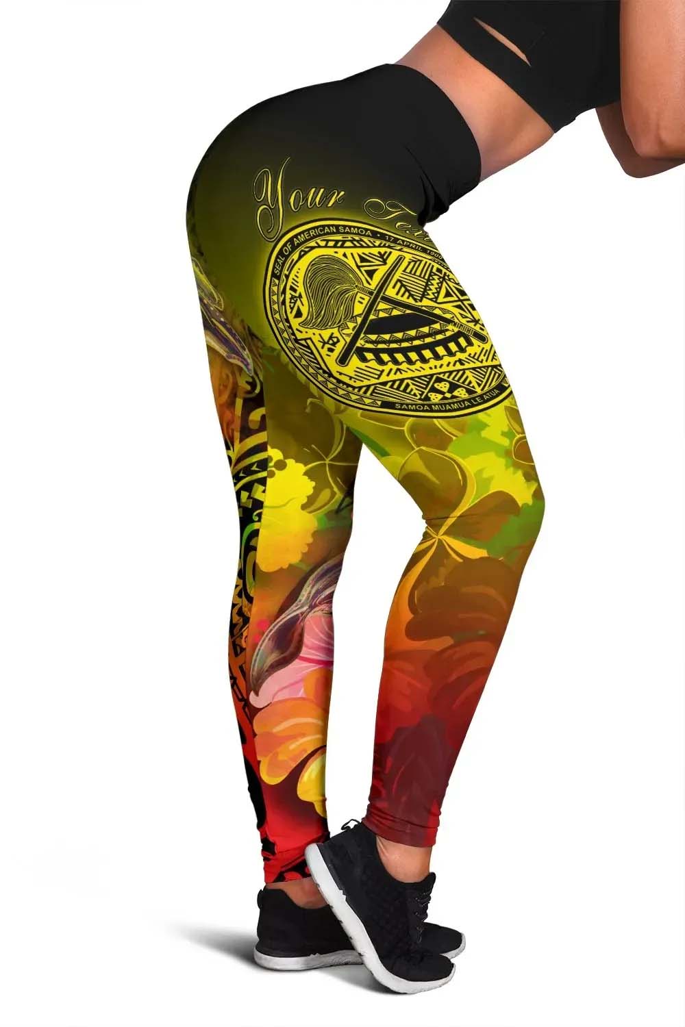 American Samoa Polynesian Custom Personalised Legging - Humpback Whale with Tropical Flowers