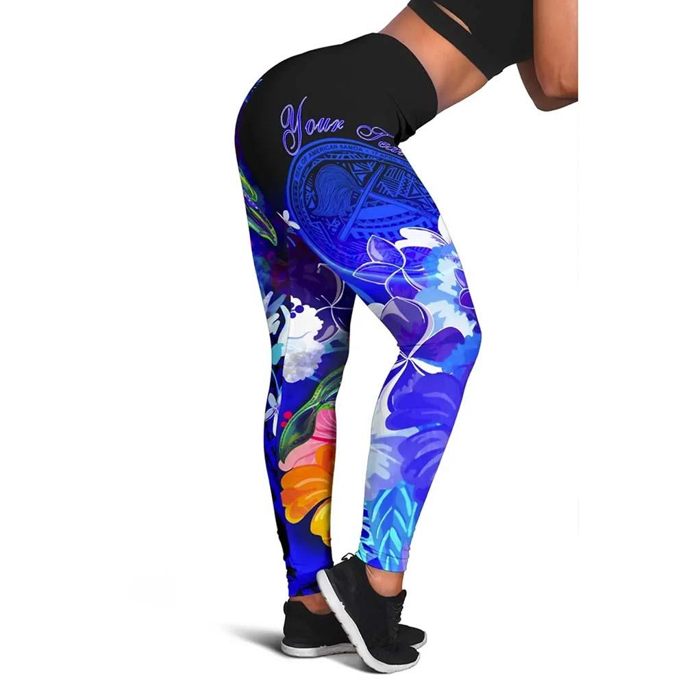 American Samoa Polynesian Custom Personalised  Legging - Humpback Whale with Tropical Flowers (Blue)