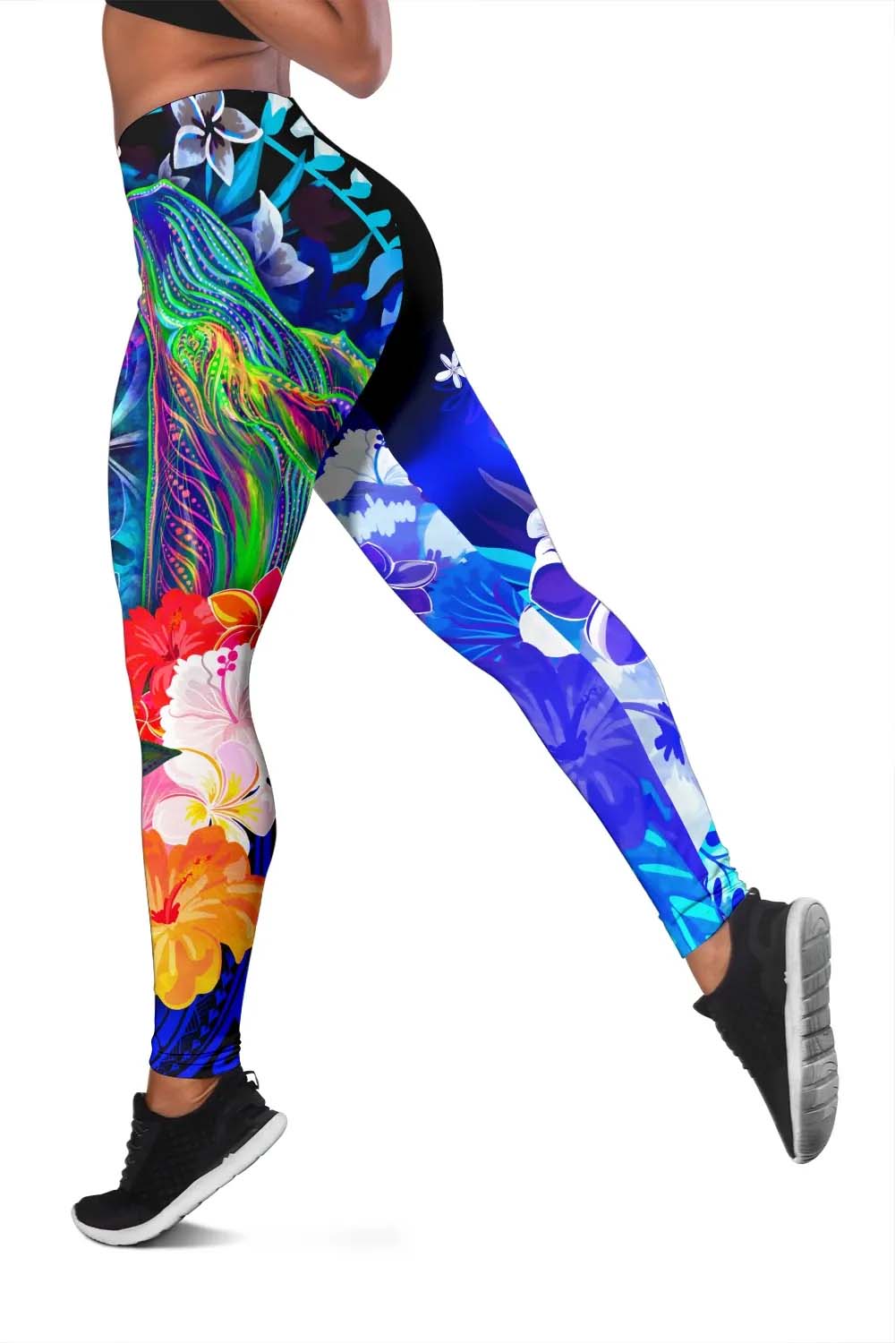 American Samoa Polynesian Custom Personalised  Legging - Humpback Whale with Tropical Flowers (Blue)