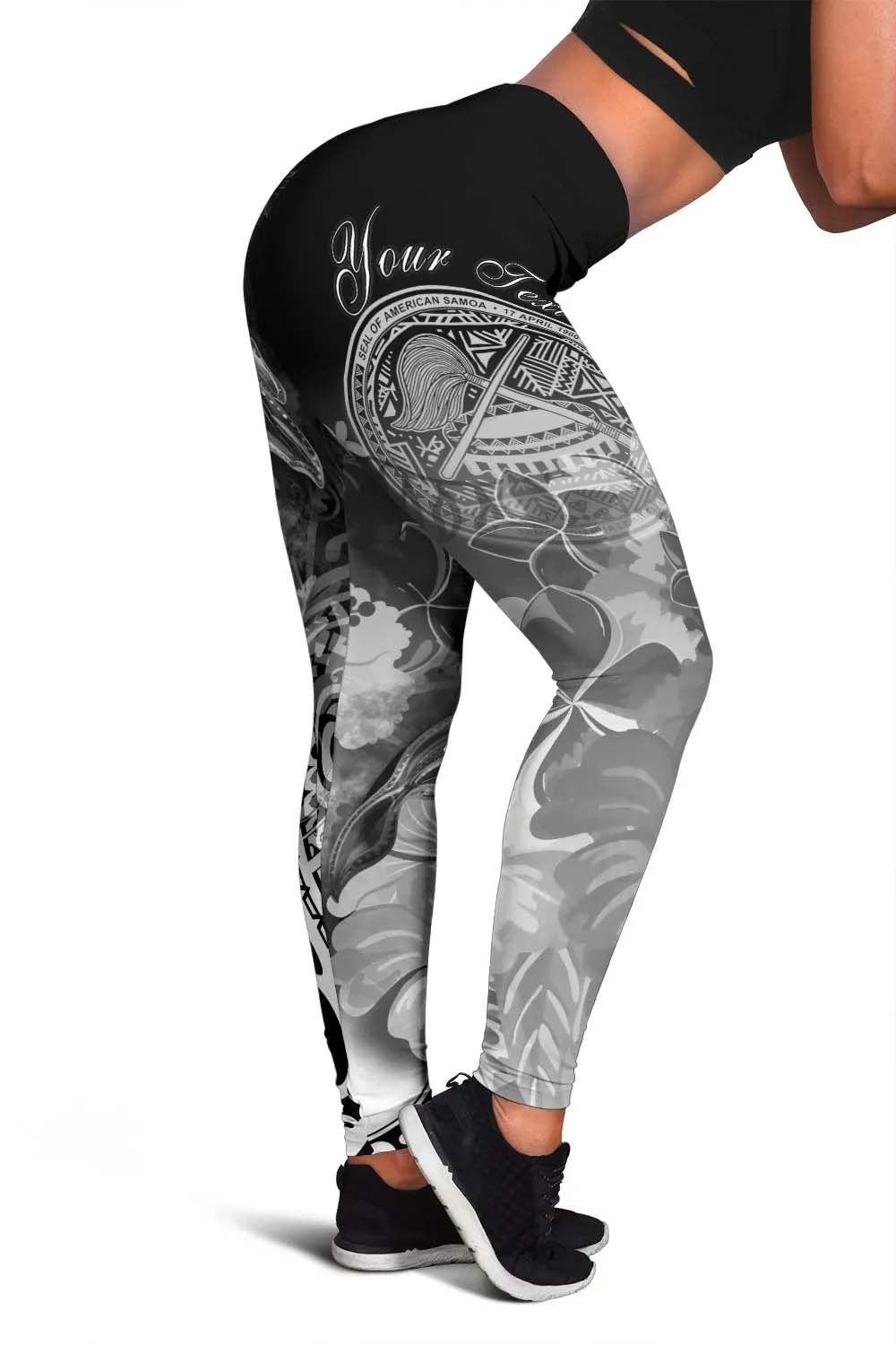 American Samoa Polynesian Custom Personalised Legging - Humpback Whale with Tropical Flowers (White)