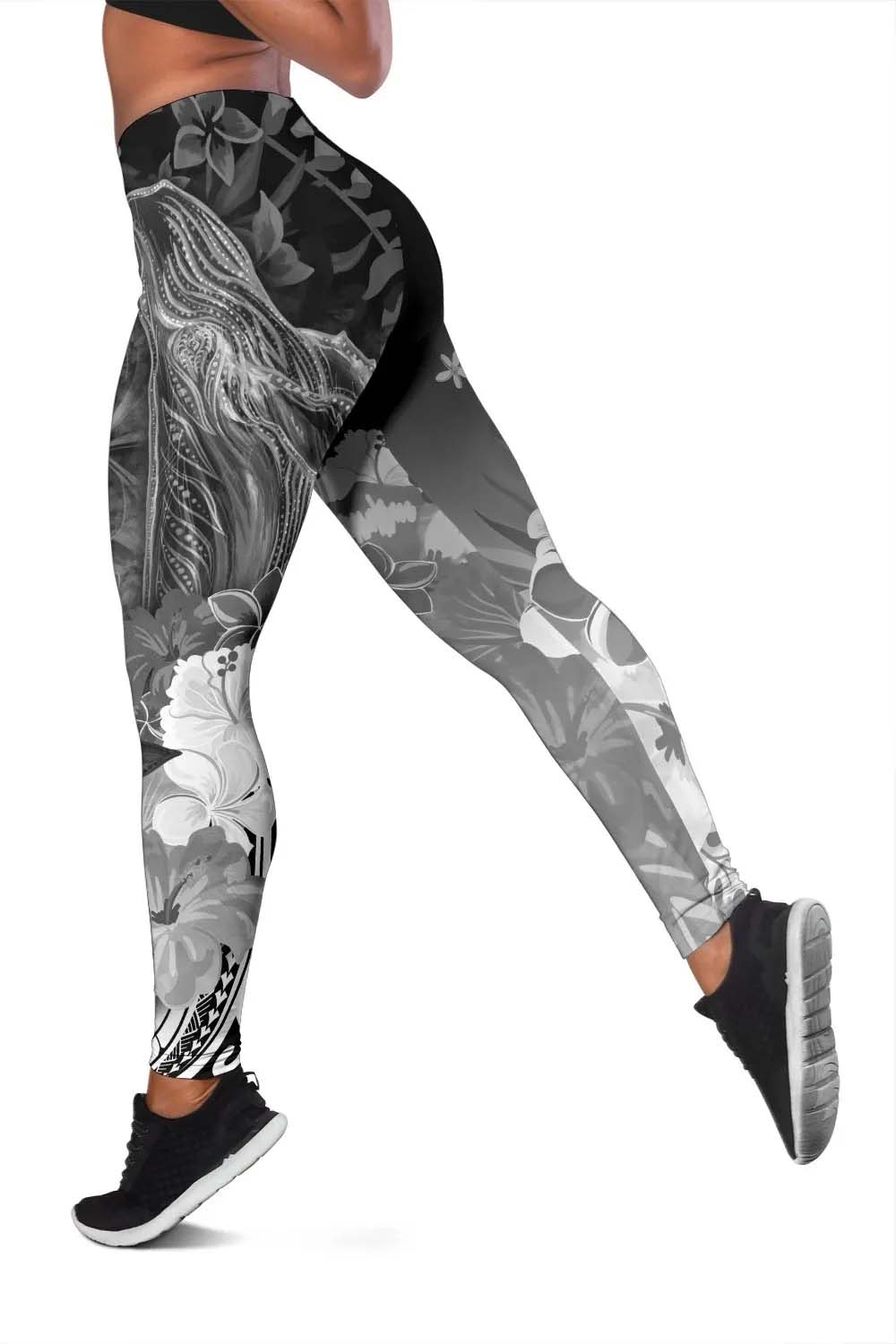 American Samoa Polynesian Custom Personalised Legging - Humpback Whale with Tropical Flowers (White)