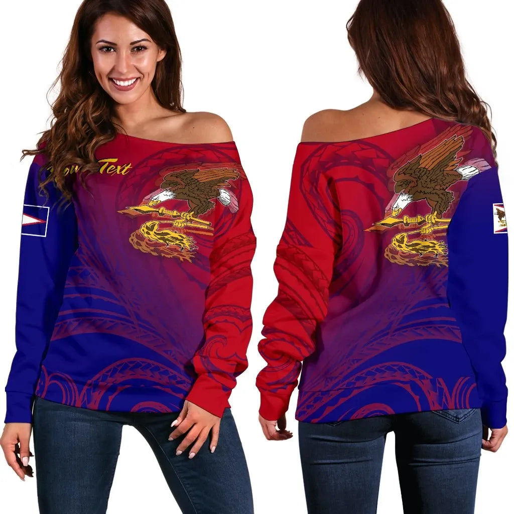 American Samoa Polynesian Custom Personalised Personalized Women Off Shoulder Sweater - Bald Eagle (Blue - Red)