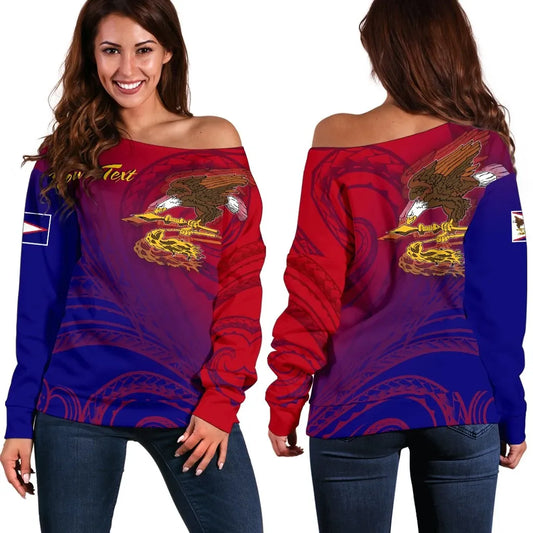 American Samoa Polynesian Custom Personalised Personalized Women Off Shoulder Sweater - Bald Eagle (Blue - Red)