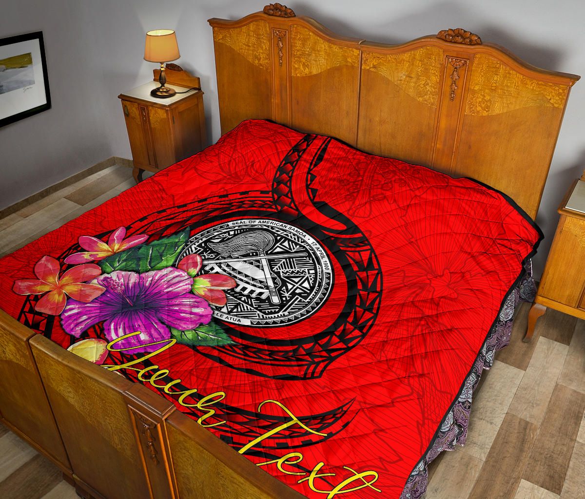 American Samoa Polynesian Custom Personalised Premium Quilt - Floral With Seal Red