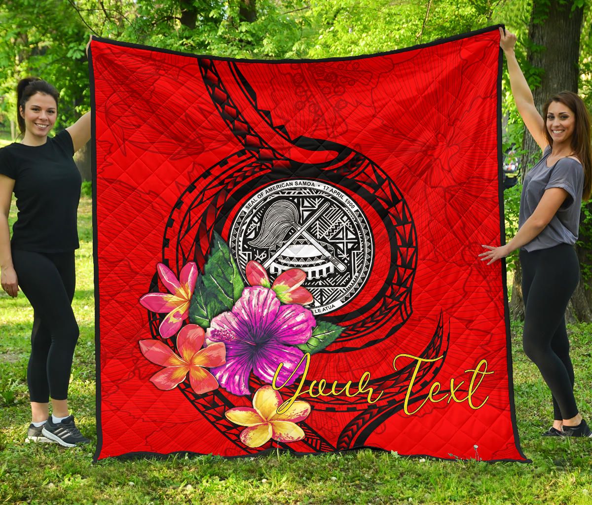 American Samoa Polynesian Custom Personalised Premium Quilt - Floral With Seal Red