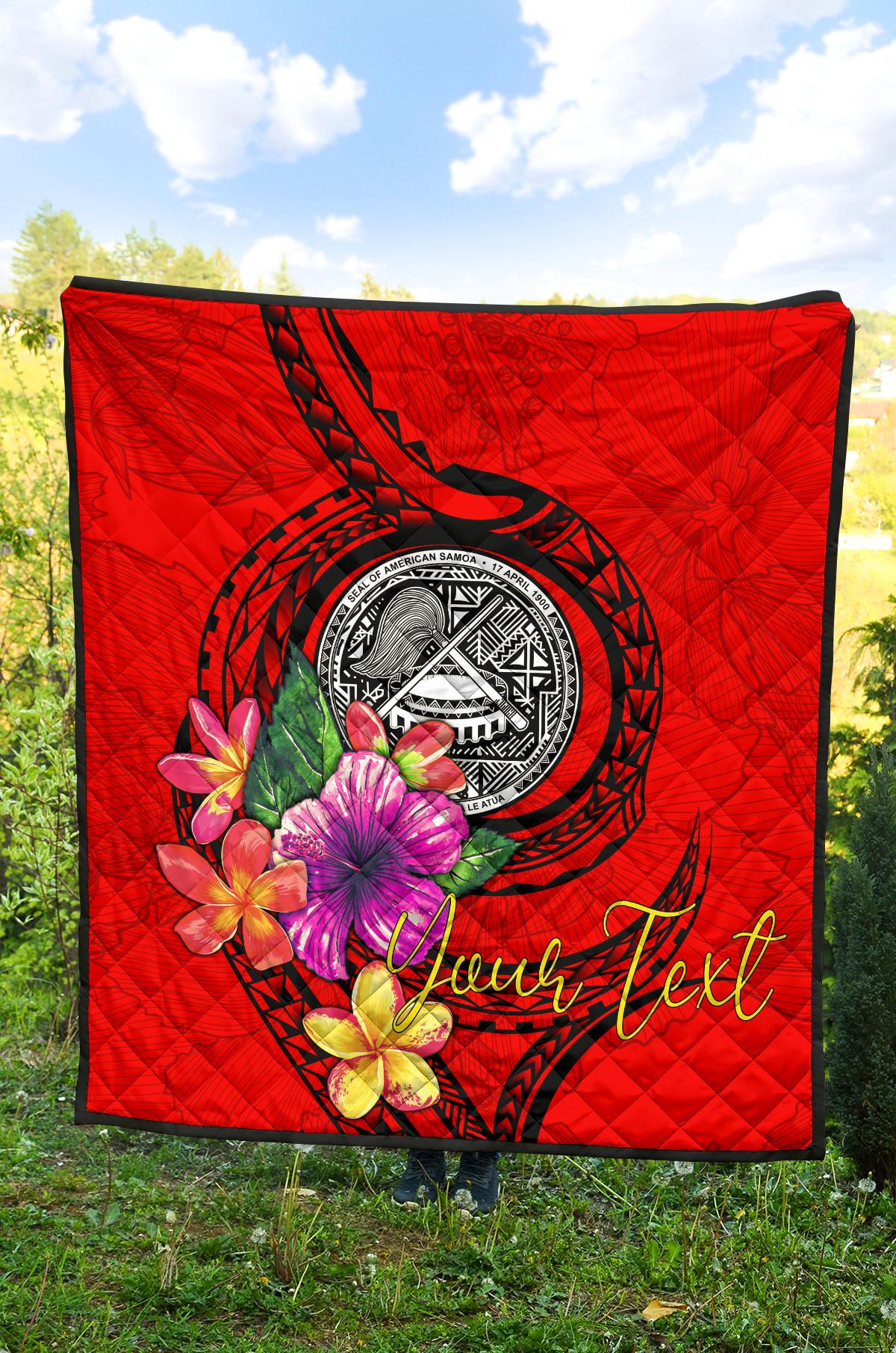 American Samoa Polynesian Custom Personalised Premium Quilt - Floral With Seal Red