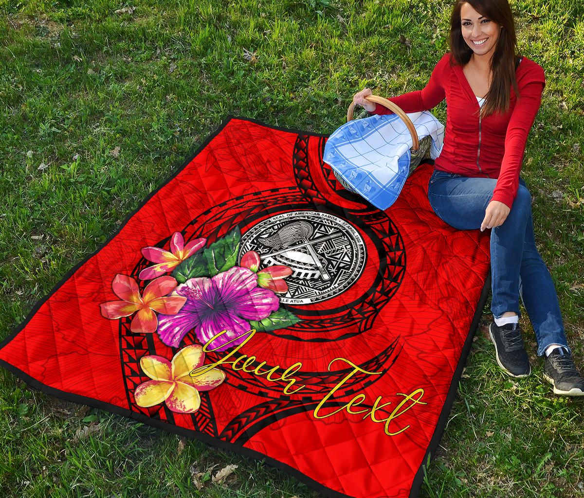 American Samoa Polynesian Custom Personalised Premium Quilt - Floral With Seal Red