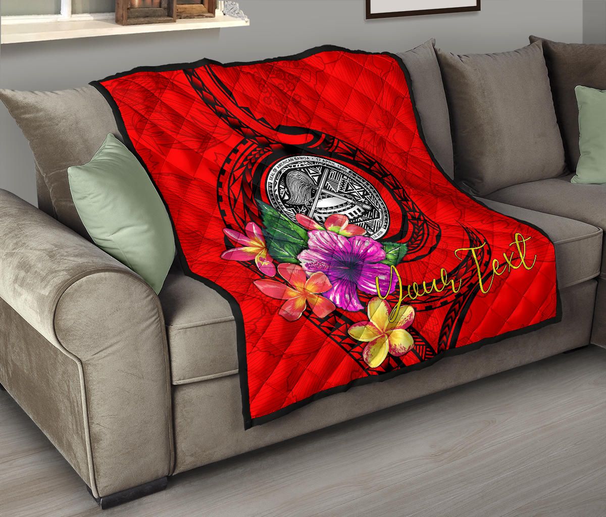 American Samoa Polynesian Custom Personalised Premium Quilt - Floral With Seal Red