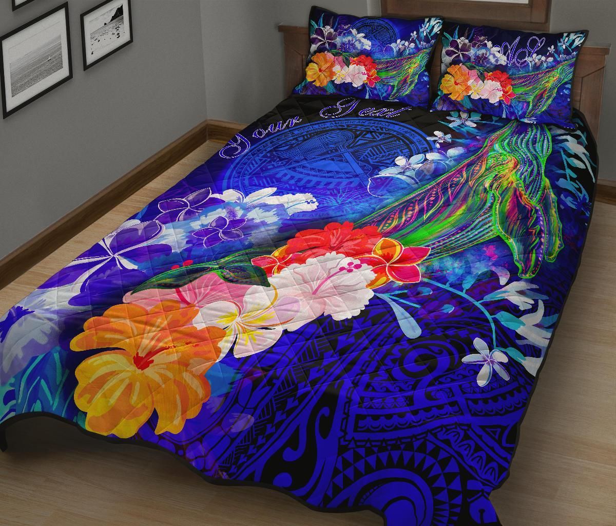 American Samoa Polynesian Custom Personalised Quilt Bed Set - Humpback Whale with Tropical Flowers (Blue)