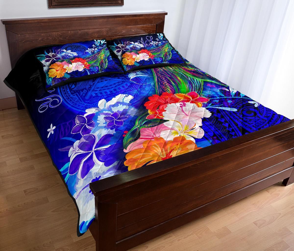 American Samoa Polynesian Custom Personalised Quilt Bed Set - Humpback Whale with Tropical Flowers (Blue)