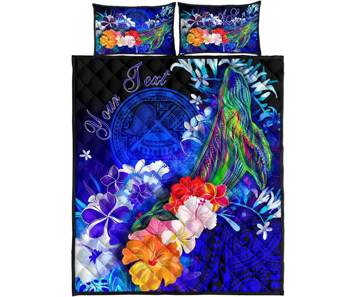American Samoa Polynesian Custom Personalised Quilt Bed Set - Humpback Whale with Tropical Flowers (Blue)