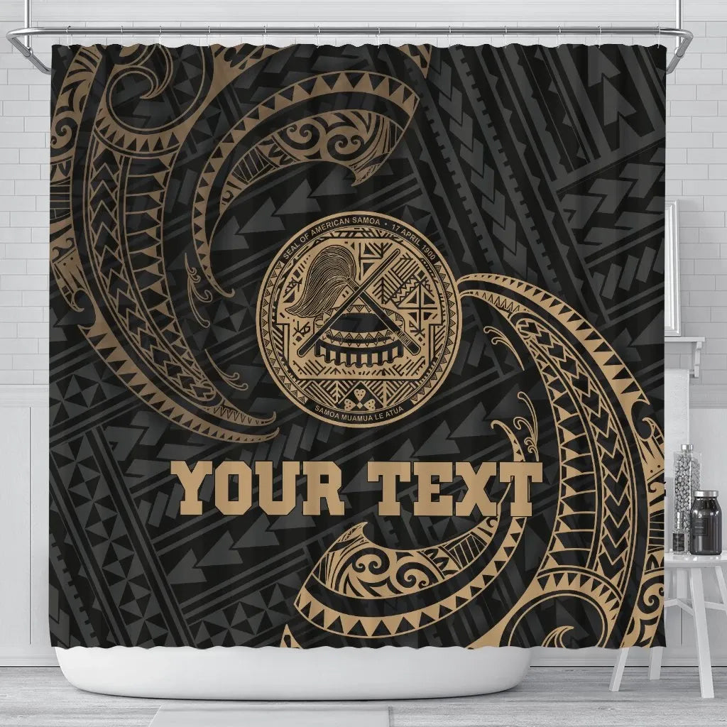 American Samoa Polynesian Custom Personalised Shower Curtain - Gold Tribal Wave