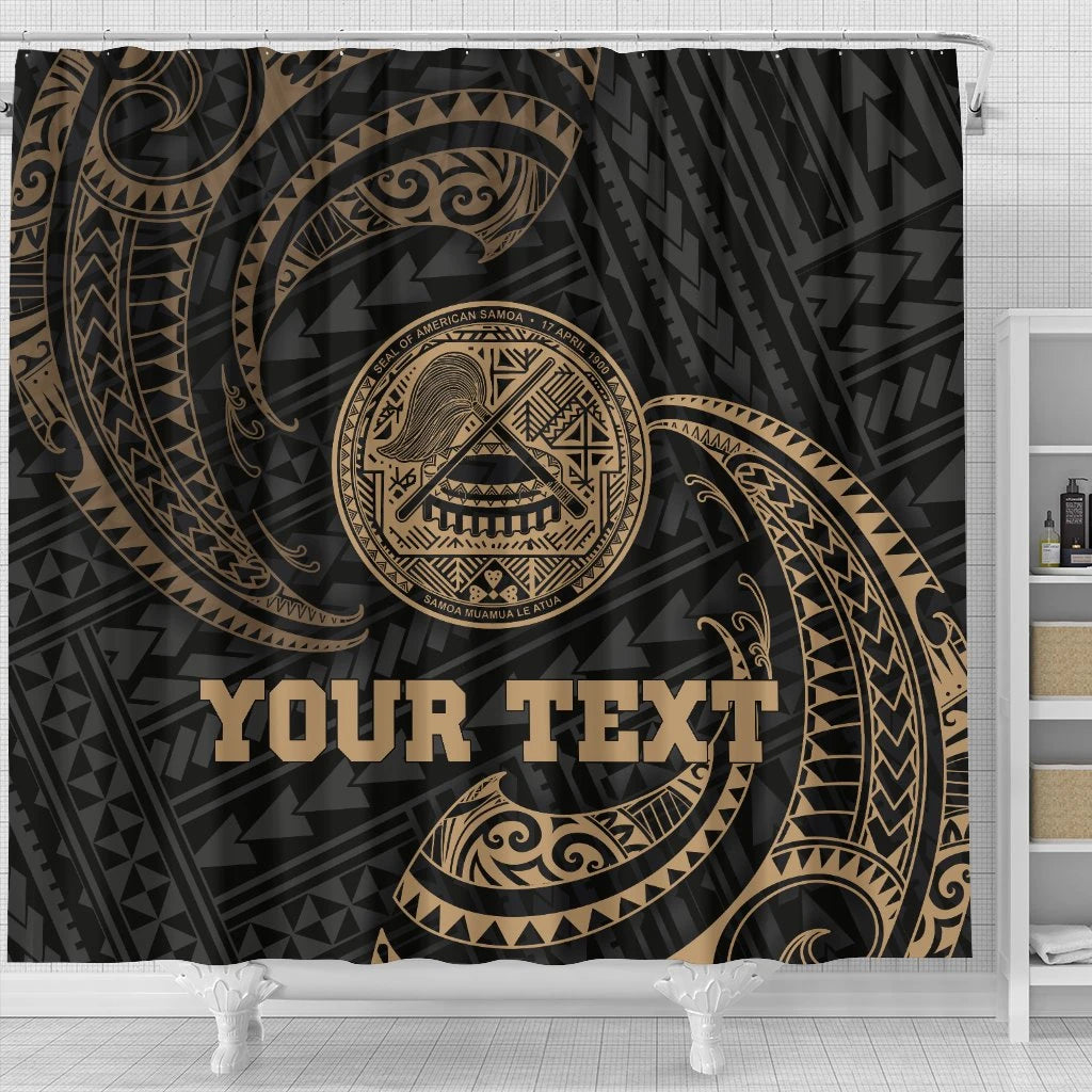 American Samoa Polynesian Custom Personalised Shower Curtain - Gold Tribal Wave