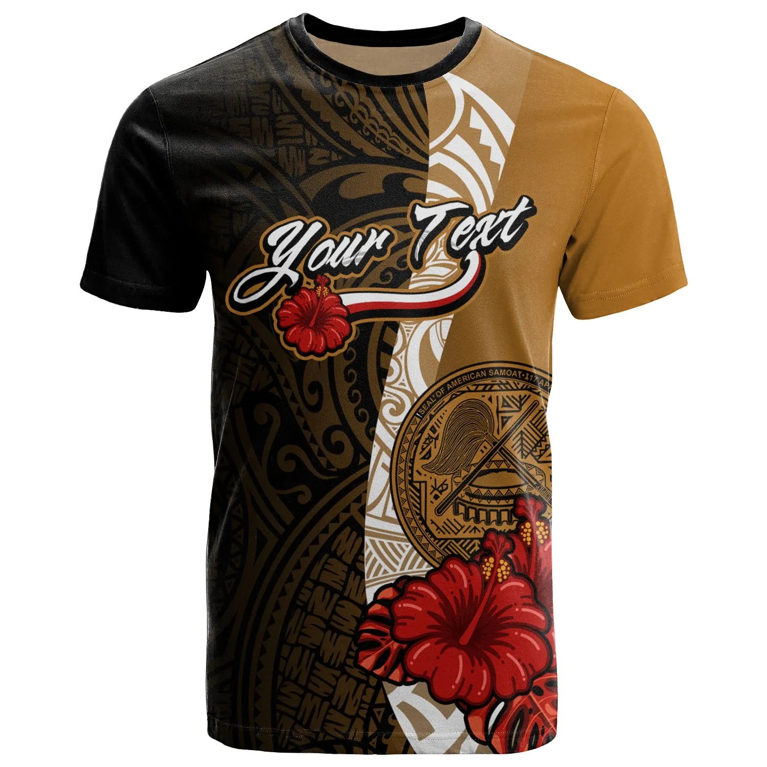 American Samoa Polynesian Custom Personalised T-Shirt - Coat Of Arms With Hibiscus Gold