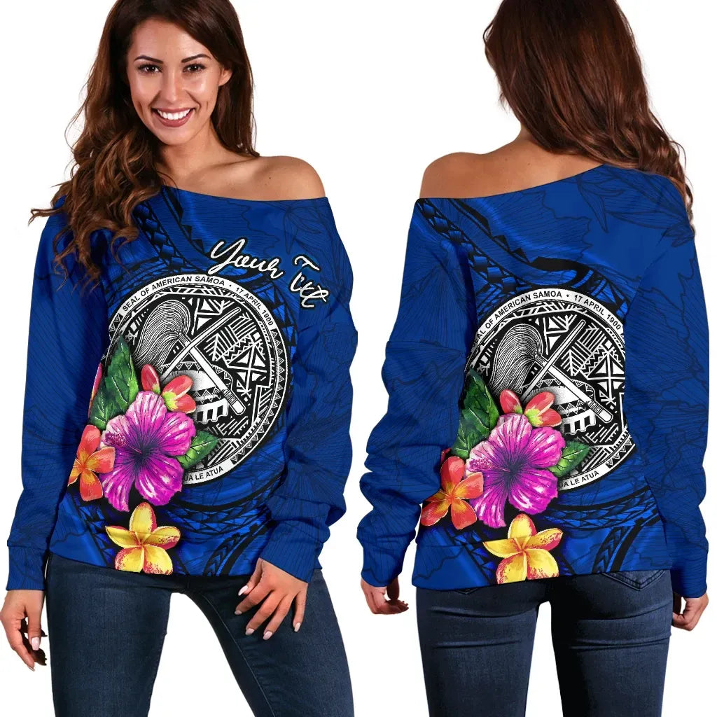 American Samoa Polynesian Custom Personalised Women Off Shoulder Sweater - Floral With Seal Blue