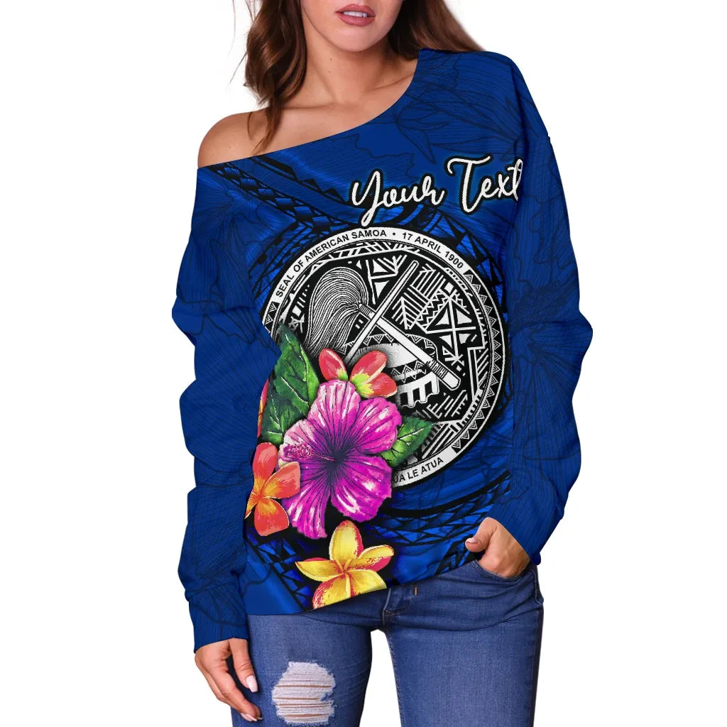 American Samoa Polynesian Custom Personalised Women Off Shoulder Sweater - Floral With Seal Blue