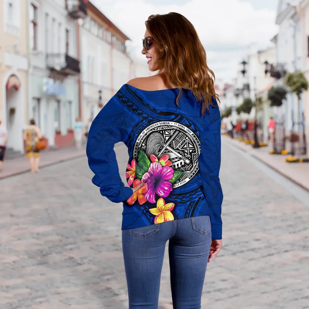 American Samoa Polynesian Custom Personalised Women Off Shoulder Sweater - Floral With Seal Blue