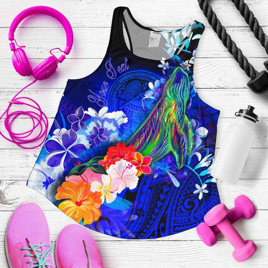 American Samoa Polynesian Custom Personalised Women Racerback Tank - Humpback Whale with Tropical Flowers (Blue)