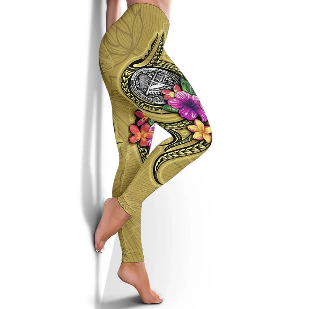 American Samoa Polynesian Legging - Floral With Seal Gold