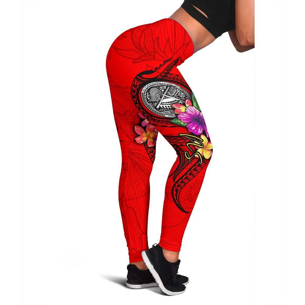 American Samoa Polynesian Legging - Floral With Seal Red