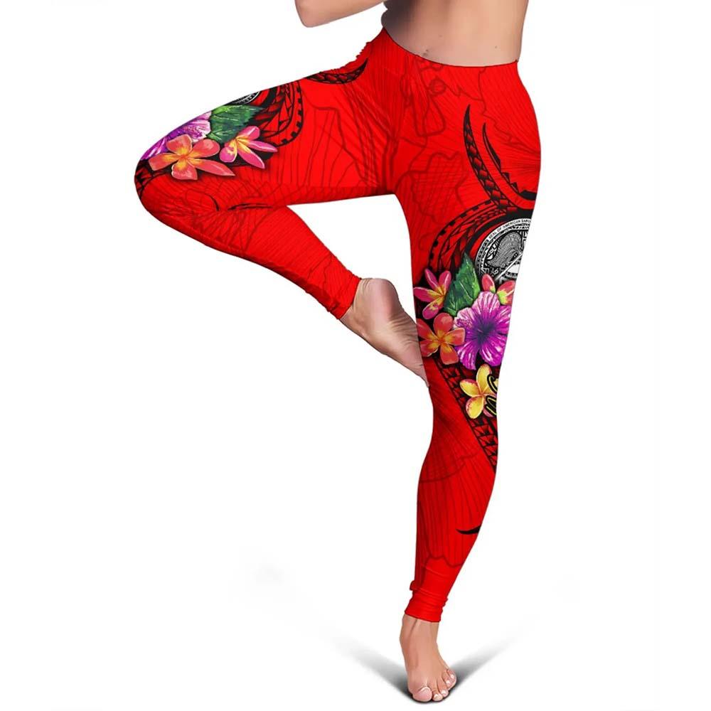 American Samoa Polynesian Legging - Floral With Seal Red