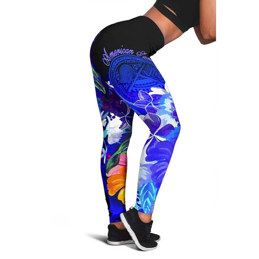 American Samoa Polynesian Legging - Humpback Whale with Tropical Flowers (Blue)