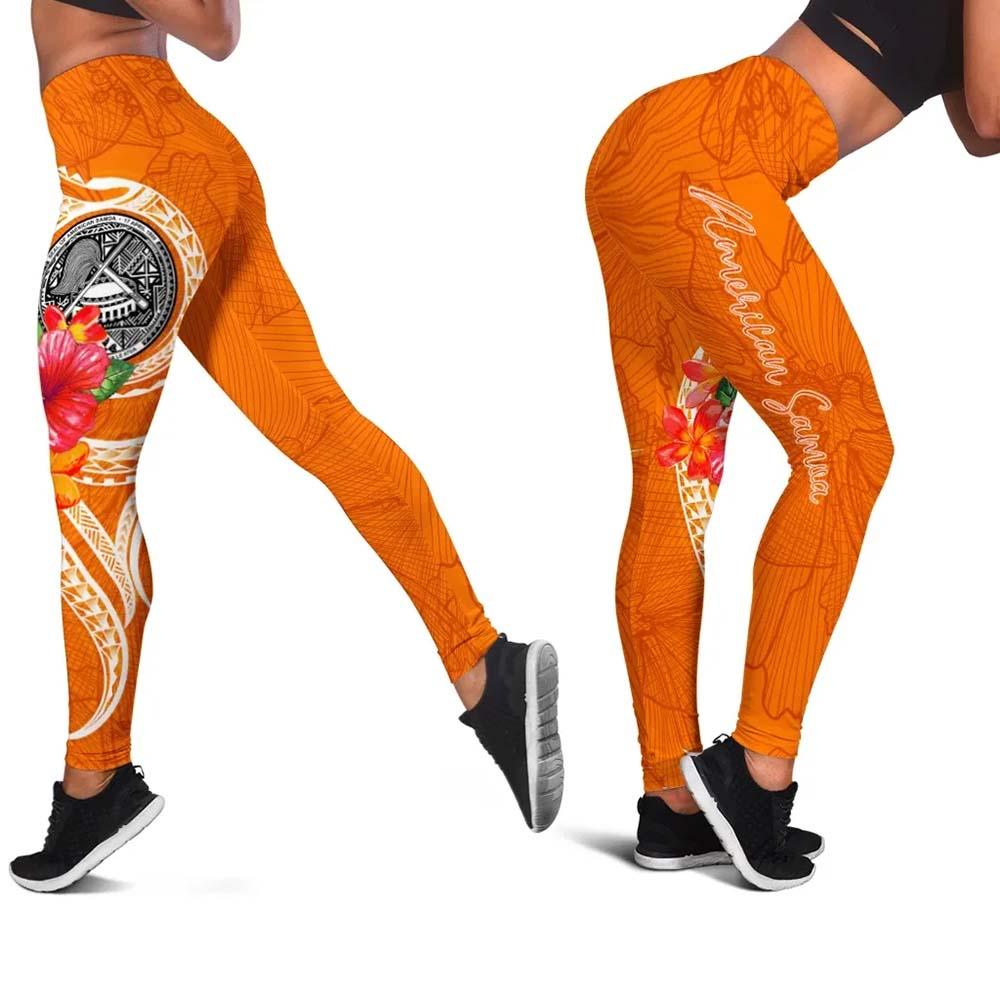American Samoa Polynesian Legging - Orange Floral With Seal